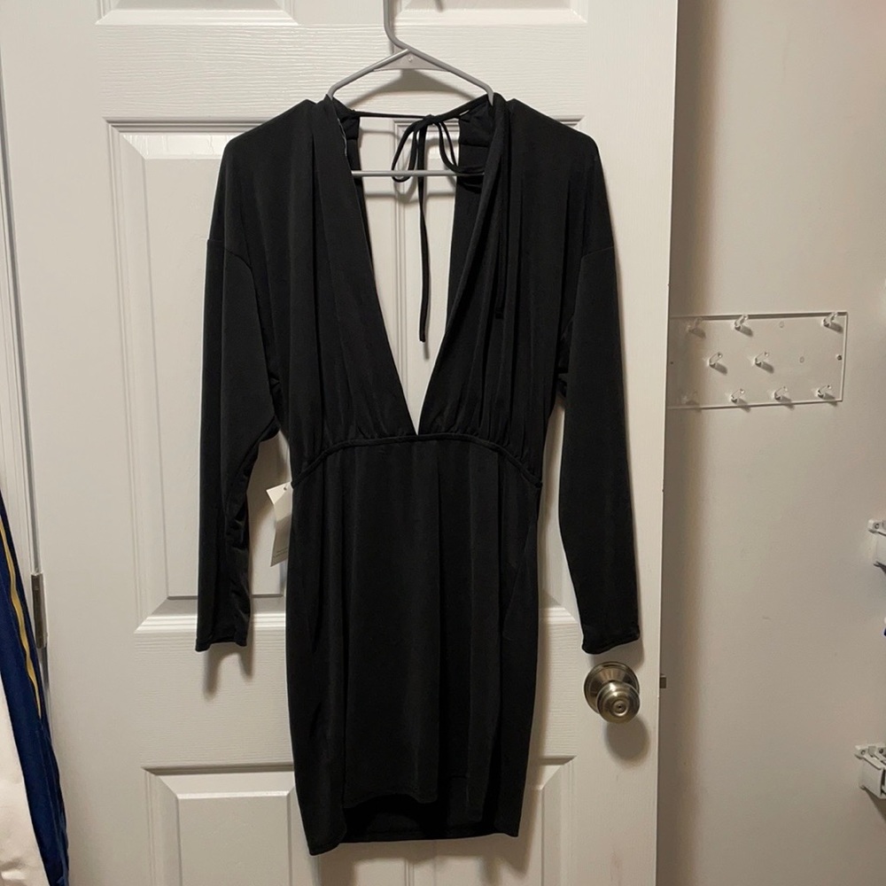 TOBI Black Mini Dress with Plunging Neck Line